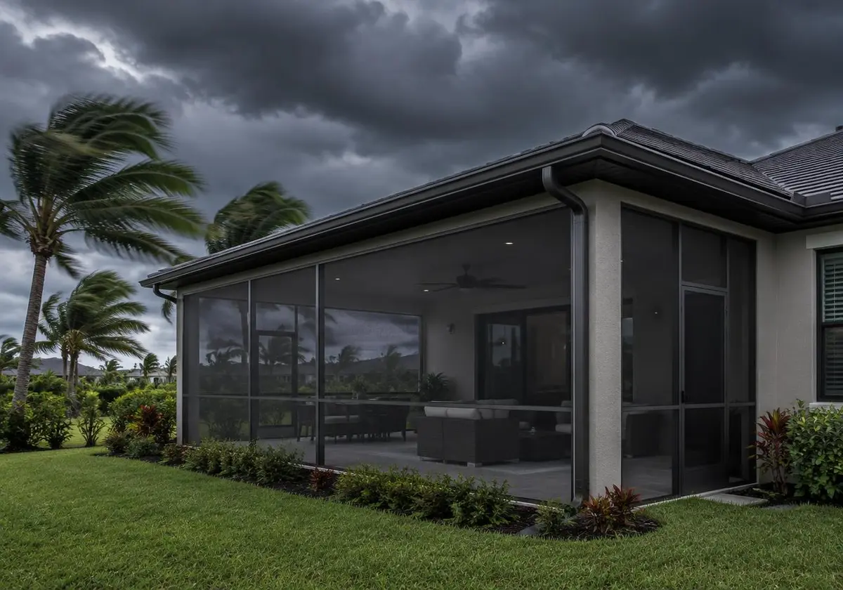 Screened lanai under storm clouds