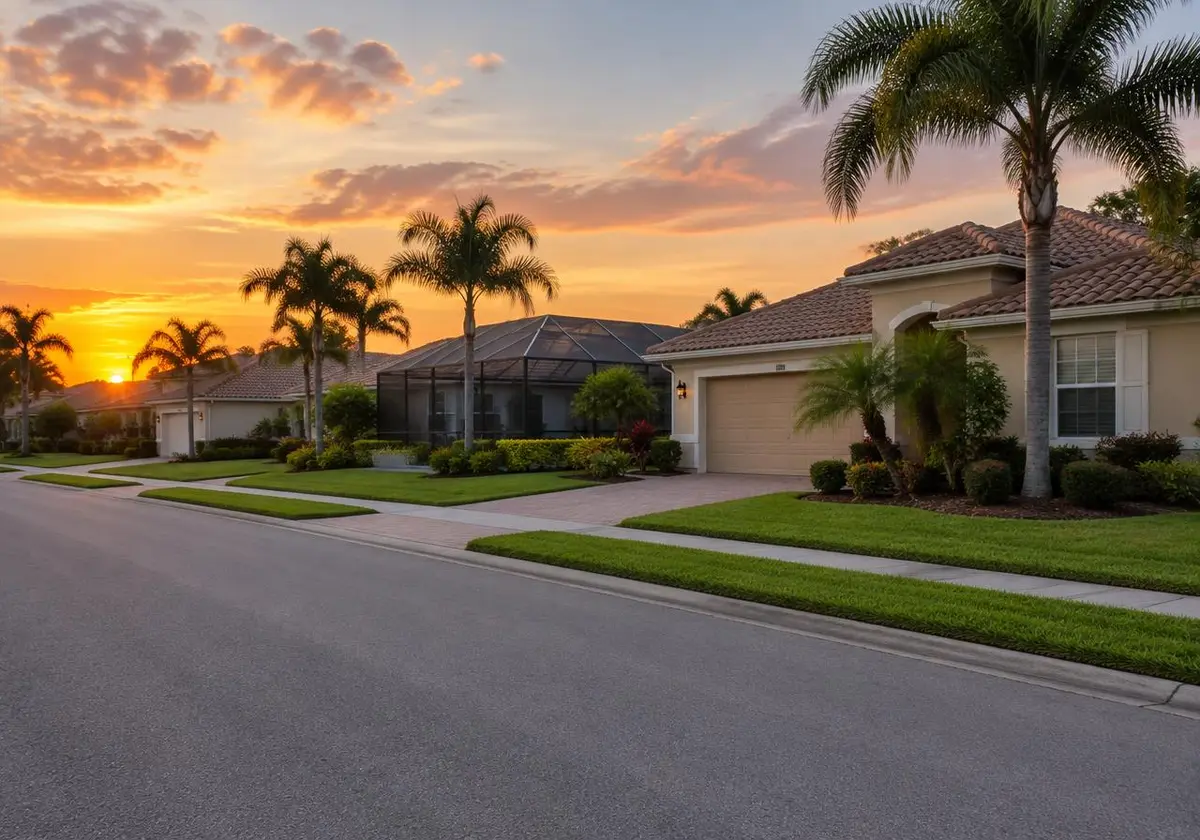 Residential street in North Port, Florida with a screened pool cage