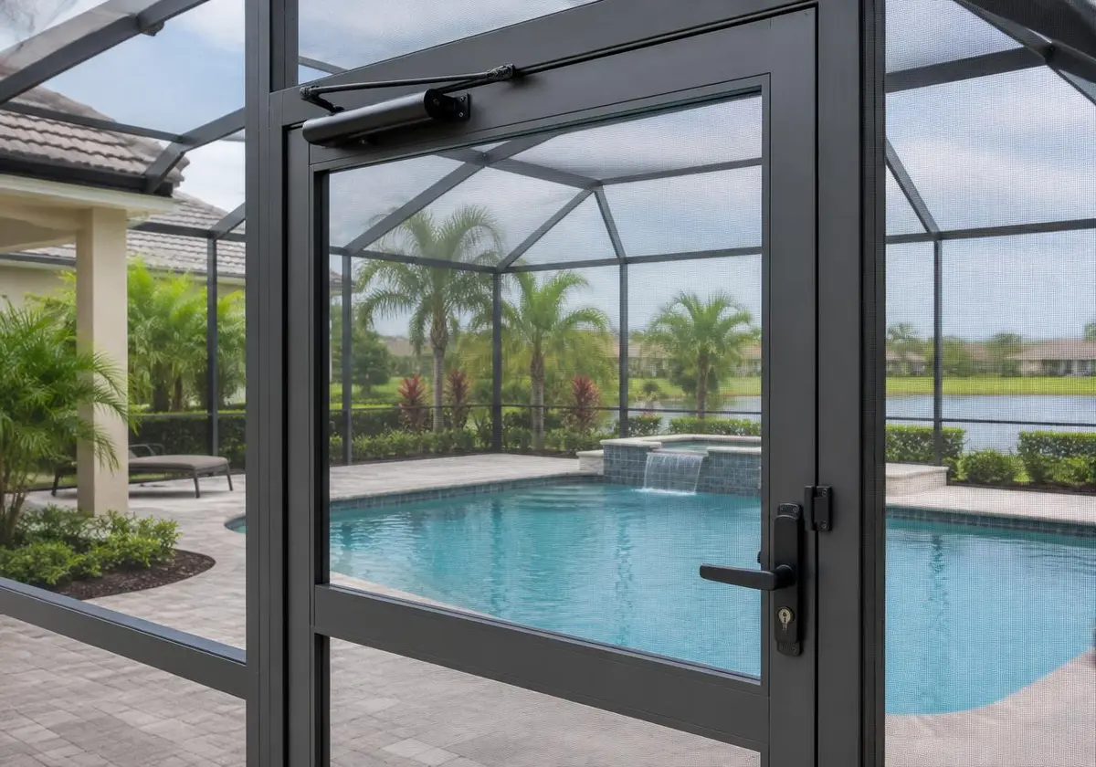 Pool cage door and hardware